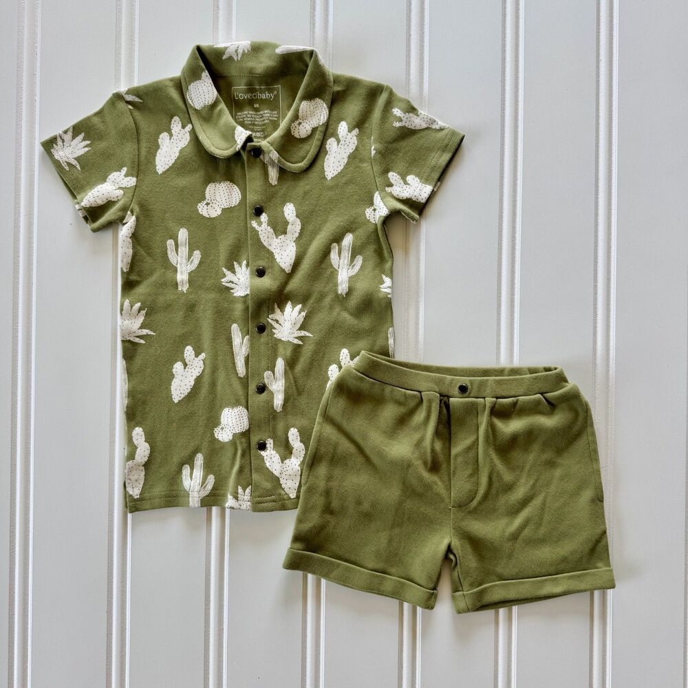 L'ovedbaby Sage Cactus | Toddler Boys Organic Cotton Button Up Shirt Shorts Set